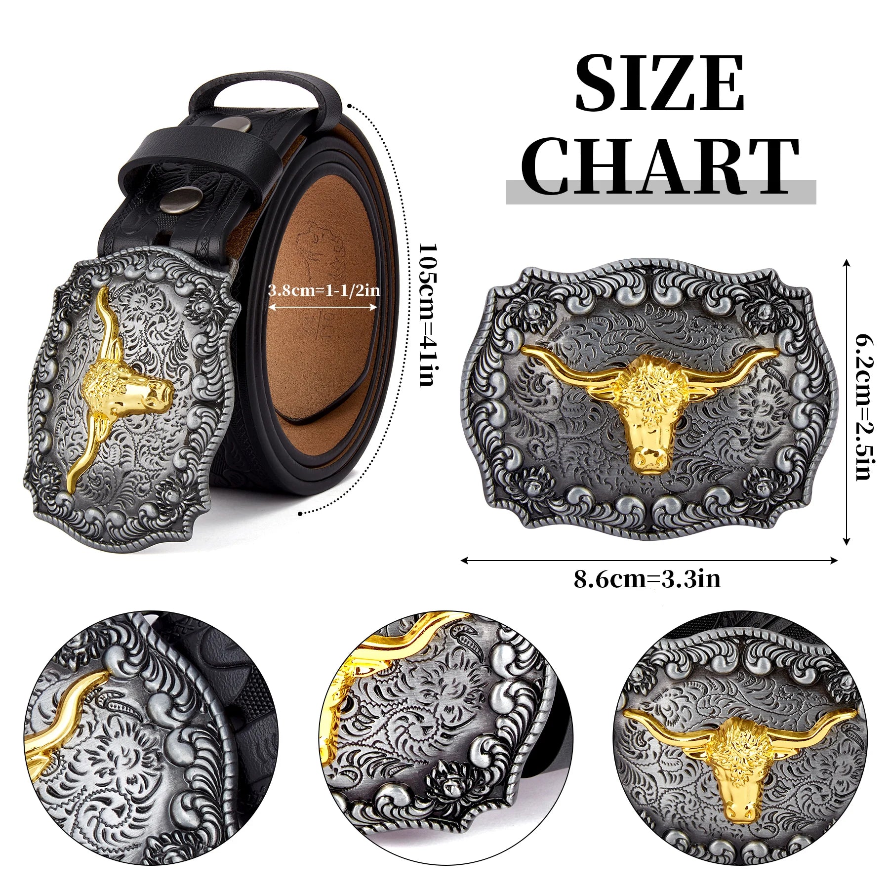 BISON DENIM Men's Western Cowboy Belt Longhorn Bull Pattern Buckle Floral Genuine Leather Engraved Belts For Men Free Shipping