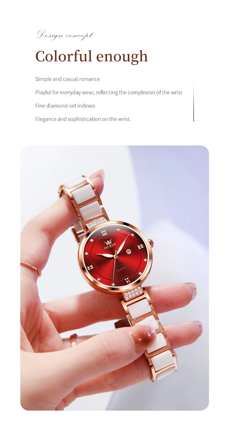 OLEVS Original Watch for Women Ceramic Stainless steel Strap Luxury Brand Elegant Ladies Watch Women's Bracelet Wristwatch Set