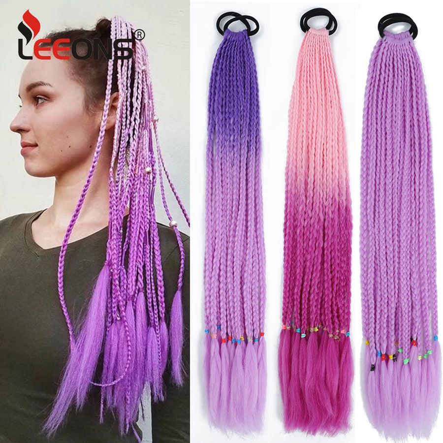Synthetic 24 Inch Long Colored Box Braids Hair Ponytail With Rubber Bands Rainbow Twist Braided Highlights Ponytail For Women