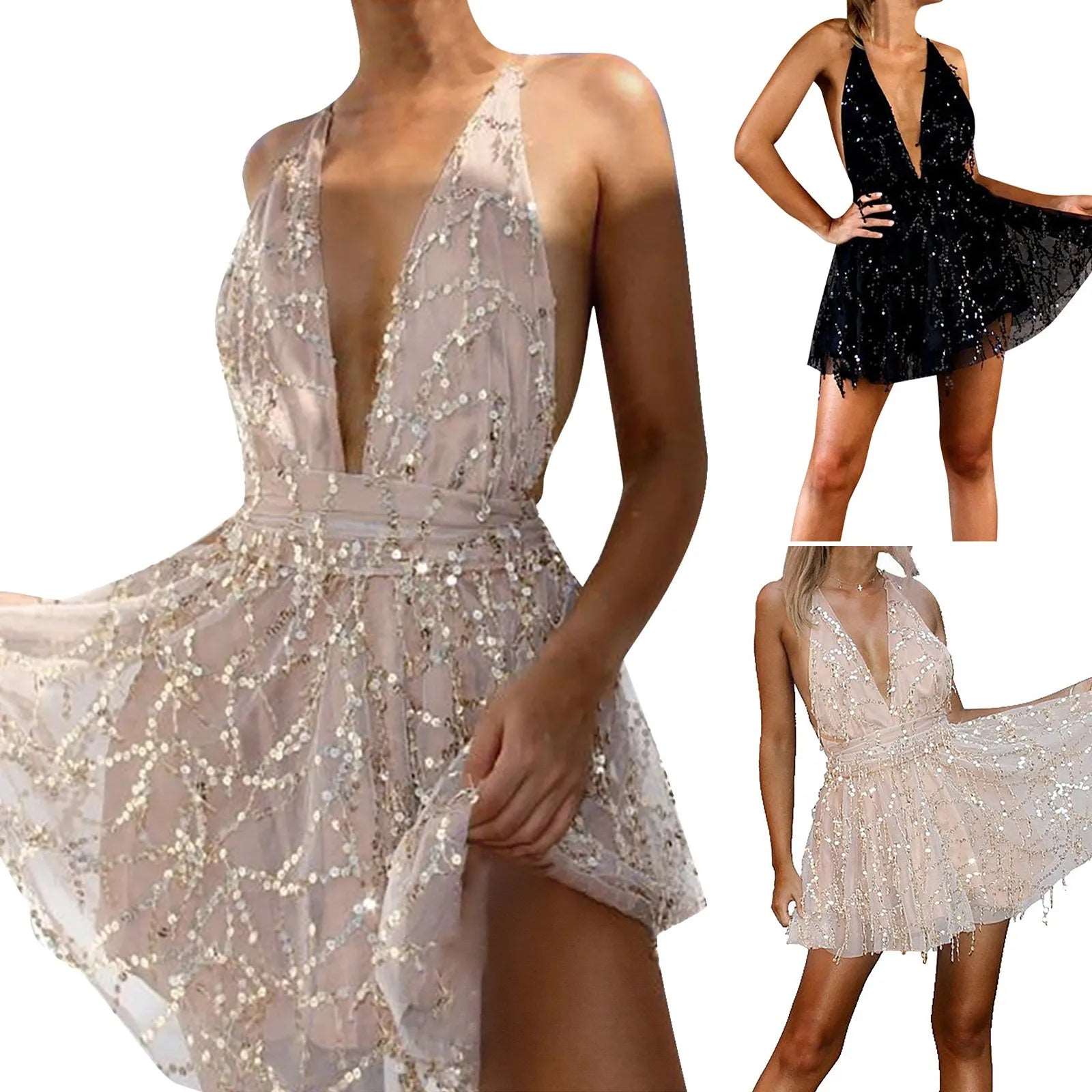 2023 Sequin Voile Dress Lady Prom Evening Through Mesh Robe Femme Sexy Backless V-Neck Sling Shining Mini Dresses Vestidos