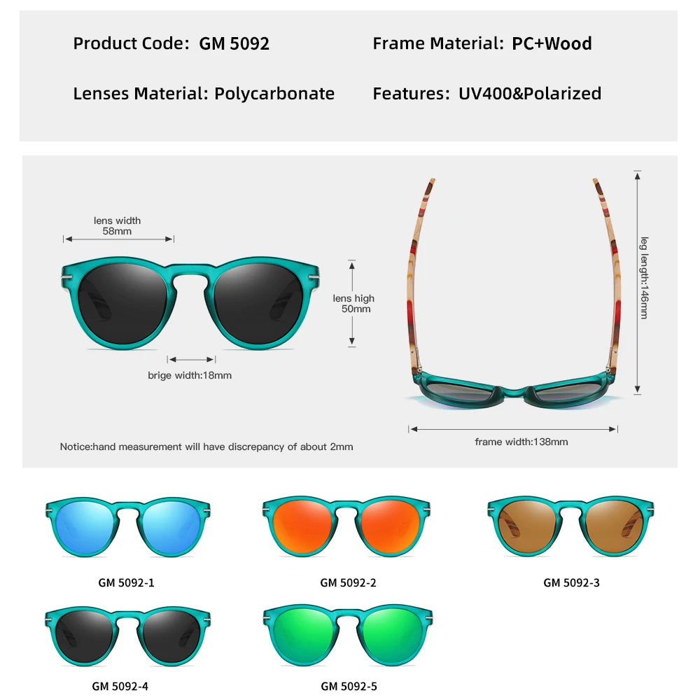 Gafas de sol polarizadas de diseñador de marca GM para hombre, montura de plástico, patillas de madera, gafas de sol ovaladas de moda, lentes de espejo UV400 S5092