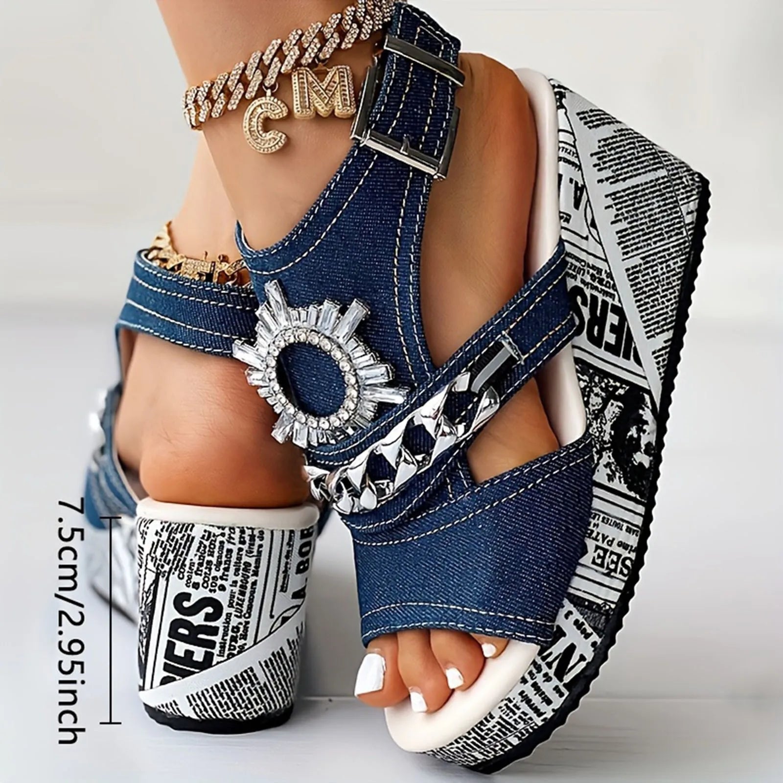 Summer Sandals Women 2024 Large Size Wedge Heel Denim Round Head Fish Mouth Sandals Comfortable Versatile Women Sandals On Offer