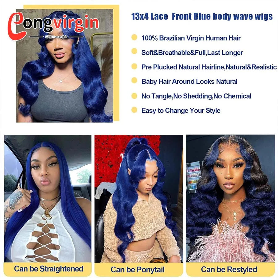 Dark Blue 360 Full Lace Wig Human Hair Pre Plucked Body Wave Lace Front Wigs Hd Transparent Lace Frontal Wig For Women On Sale