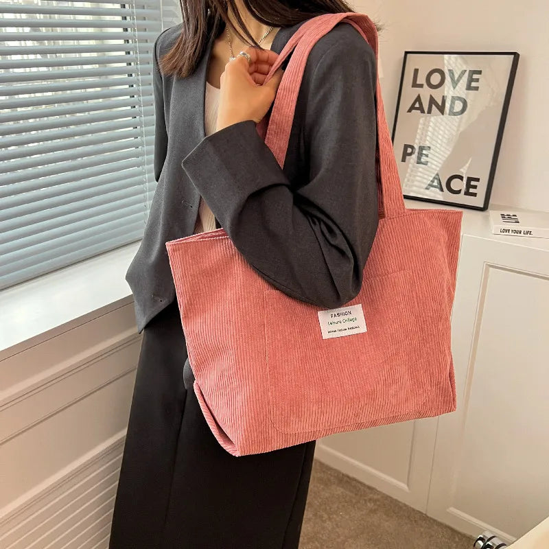 Large Capacity Women's Shoulder Bag 2023 New Fashionable Fresh and Simple Striped Velvet Handbag Art Leisure Student Tote Bag