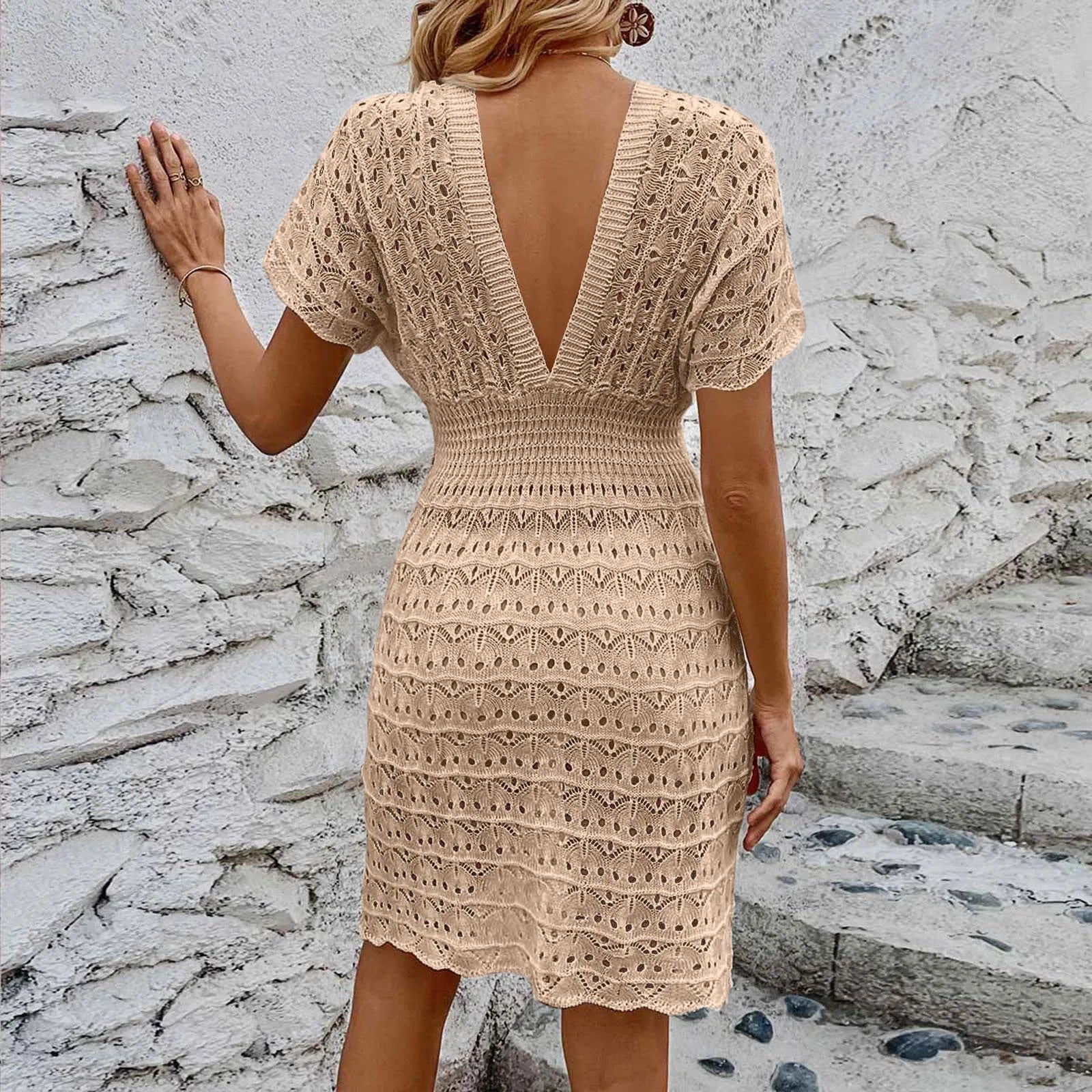 Womens Boho Summer Dresses Deep V Neck Short Sleeve Beach Dress Hollow Knitting Sundress Swimsuit Cover Up Dress платье женское