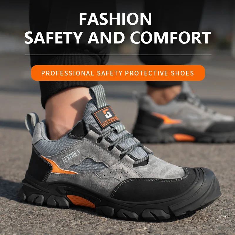 Cowhide Safety Shoes Breathable Work Shoes Steel Toe Anti Smash Safety Boots Fashion Work Sneakers Men Work Boots Indestructible