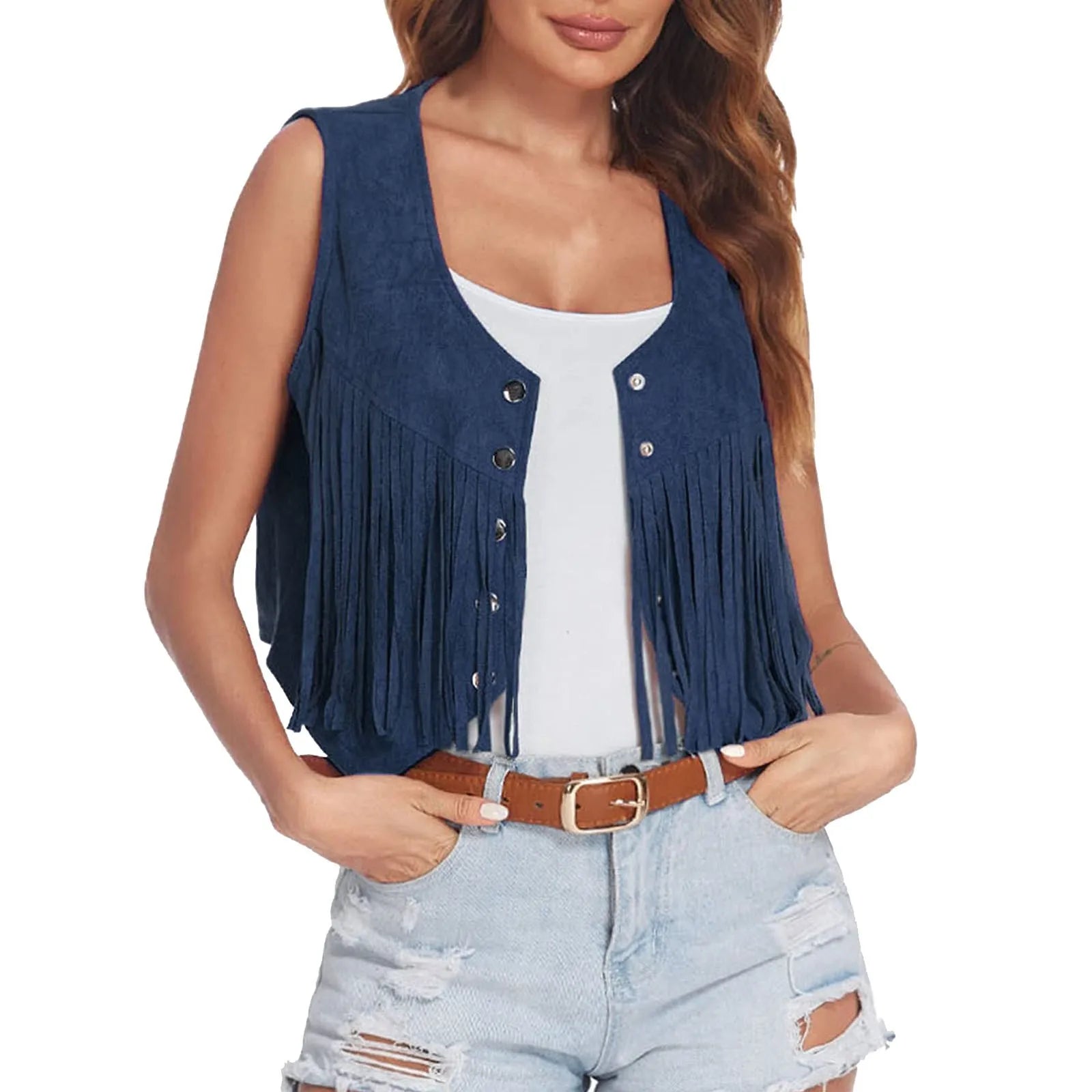 Western Fringe Vest Women Faux Suede Open-Front Vintage Vest Sleeveless 70s Hippie Clothes Boho Jacket Women Hooded Jacket