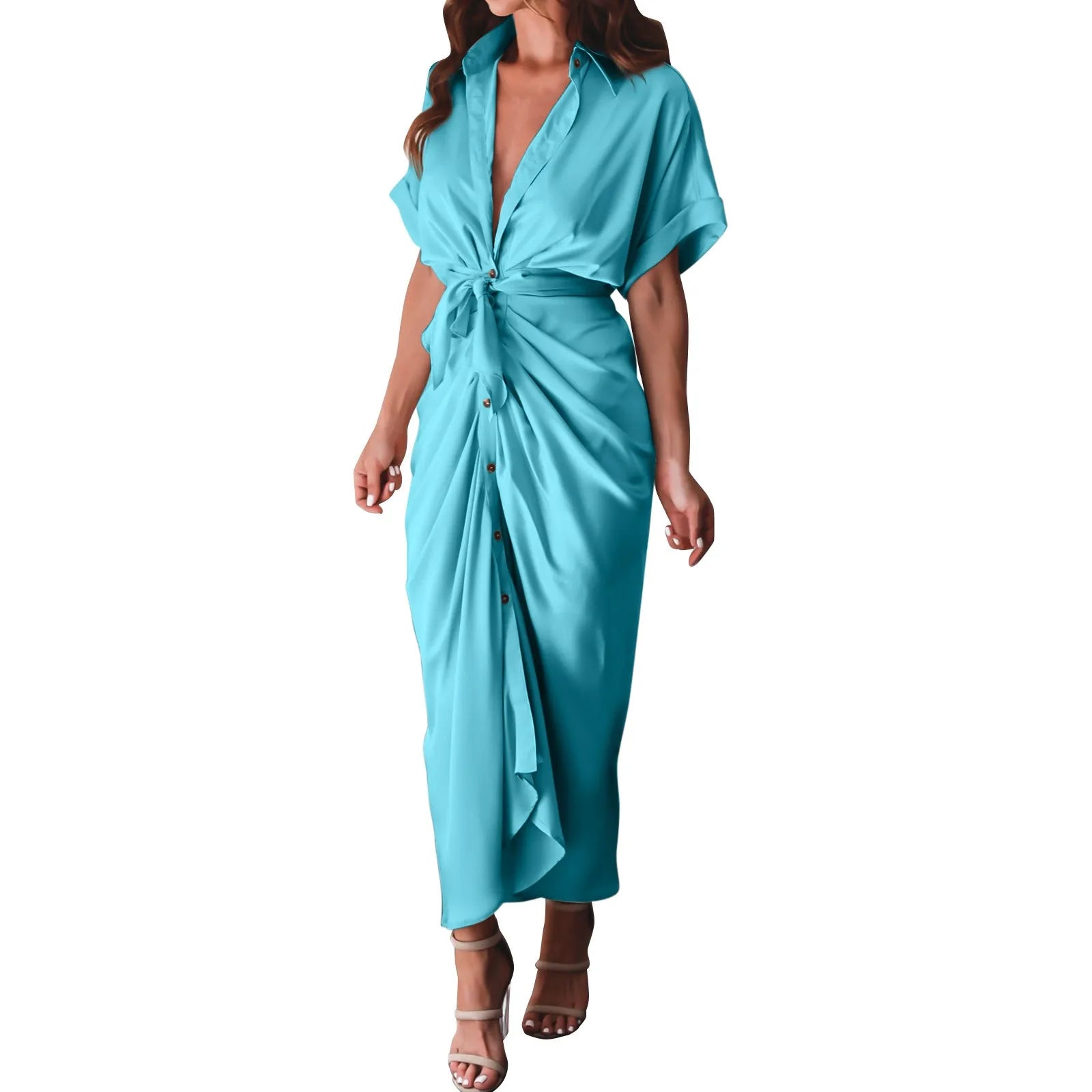 Formal Dresses For Wedding Guest Short Sleeve Long Dress Temperament Commuting High Waist Button Dress vestidos de graduación