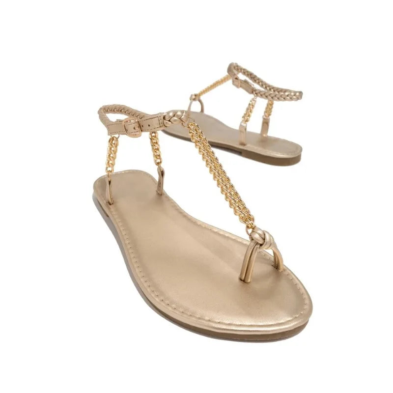 Zapatos de mujer 2023 Sandalias de verano con tiras en el tobillo para mujer Chanclas de playa Sandalias romanas planas doradas de moda para mujer