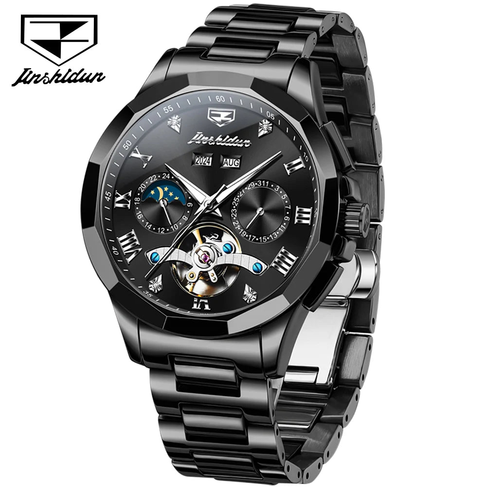 JSDUN Skeleton Flywheel Fully Automatic Mechanical Watch for Men Top Luxury Ceramics Strap Moon Phase Calendar Men's Wristwatch