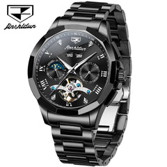 JSDUN Skeleton Flywheel Fully Automatic Mechanical Watch for Men Top Luxury Ceramics Strap Moon Phase Calendar Men's Wristwatch