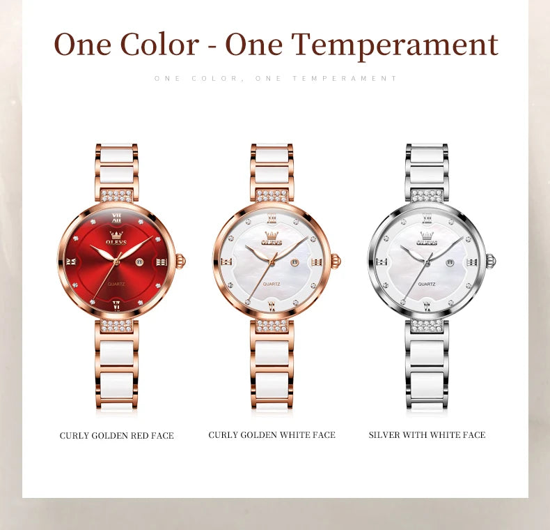 OLEVS Original Watch for Women Ceramic Stainless steel Strap Luxury Brand Elegant Ladies Watch Women's Bracelet Wristwatch Set