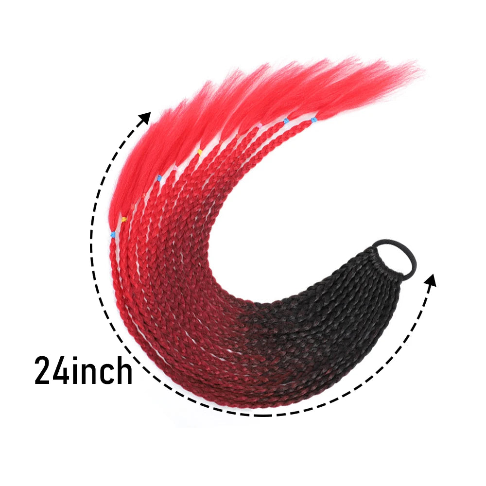 Synthetic 24 Inch Long Colored Box Braids Hair Ponytail With Rubber Bands Rainbow Twist Braided Highlights Ponytail For Women