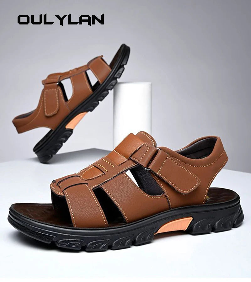 Male Summer Sandals Men's Beach Shoes Open Toe Slippers Outdoor Non-Slip Thick-soled Leather Sandals 2024 Men Outdoor Sandals