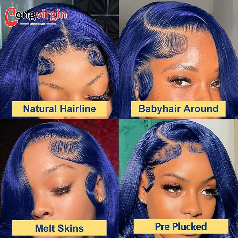 Dark Blue 360 Full Lace Wig Human Hair Pre Plucked Body Wave Lace Front Wigs Hd Transparent Lace Frontal Wig For Women On Sale