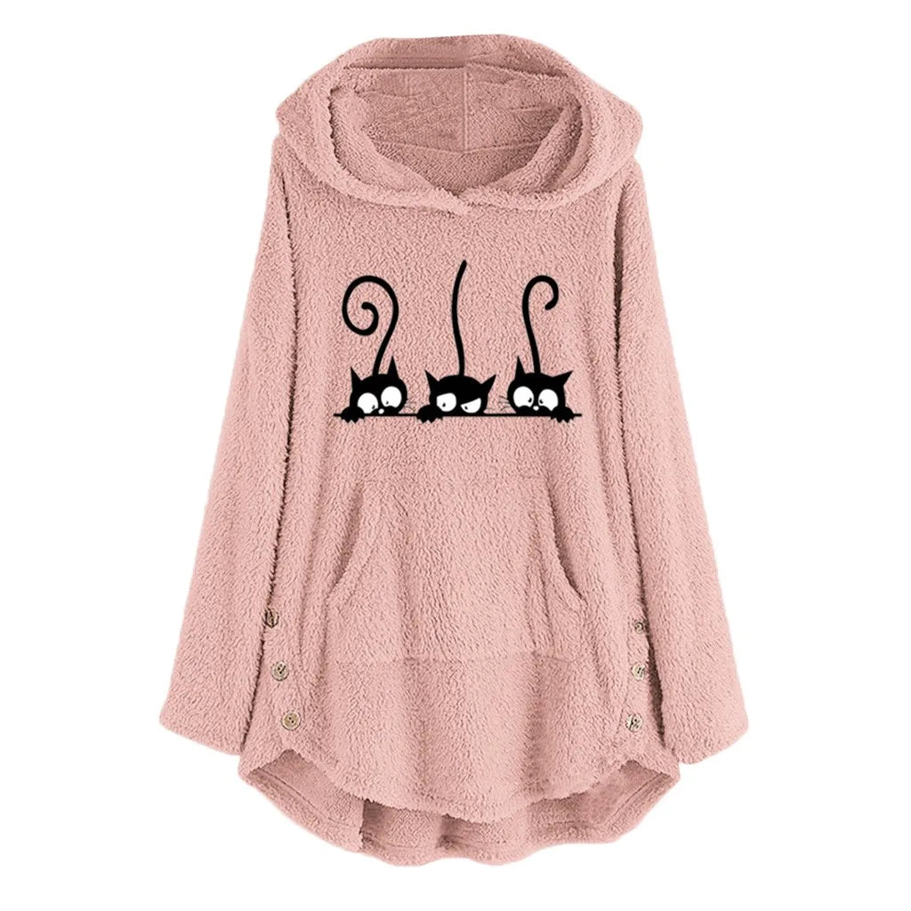 Cardigan Womens Fleece Cat Embroidery Plus Size Warm Oversized Hoodies Top Button Sweater Blouse Autumn/Winter Loose Jumper