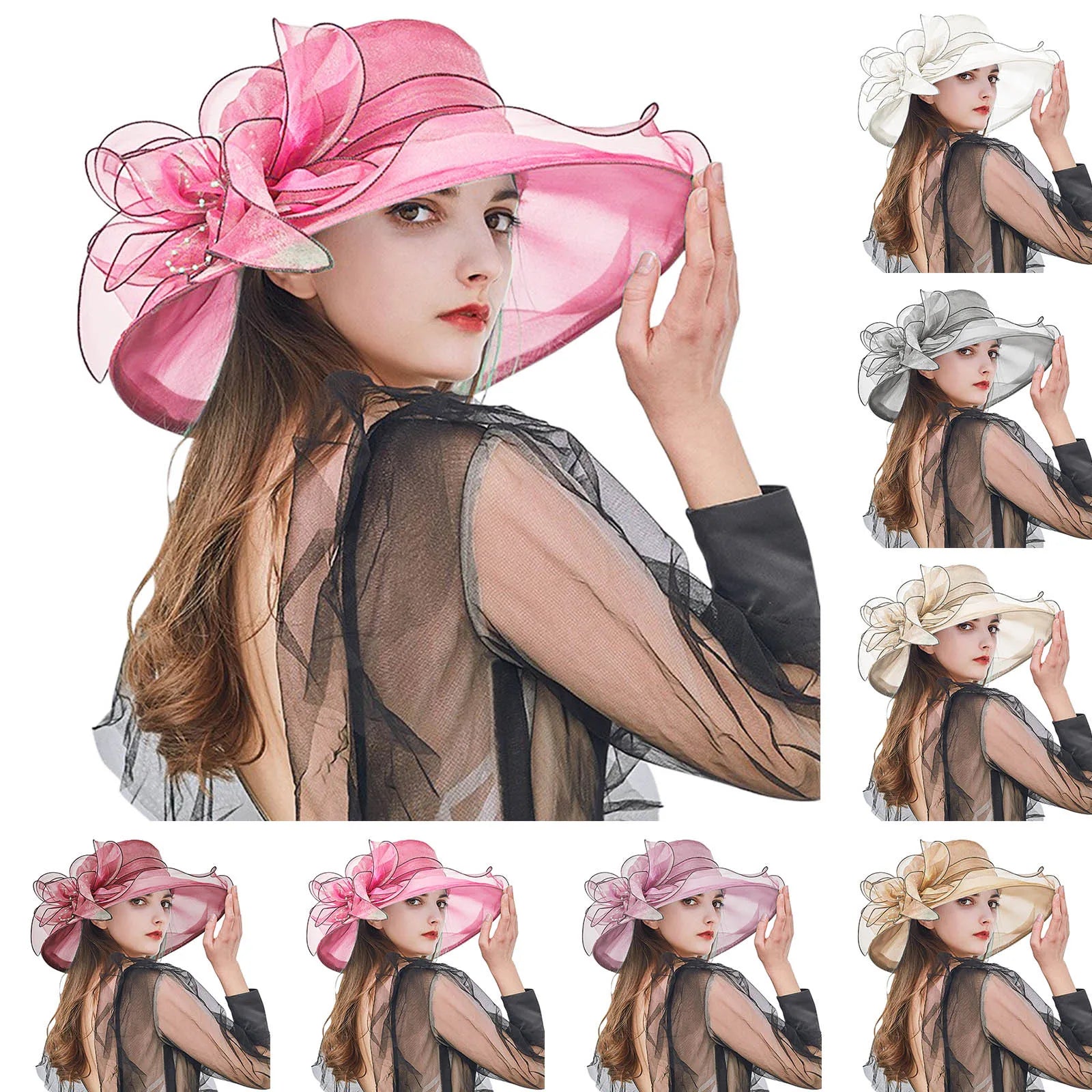 Elegant Women's Summer Hat Wide Bridal Style Leaf Flower Mesh Polyester Shower Hats Solid Color Sun Protection Visors Caps