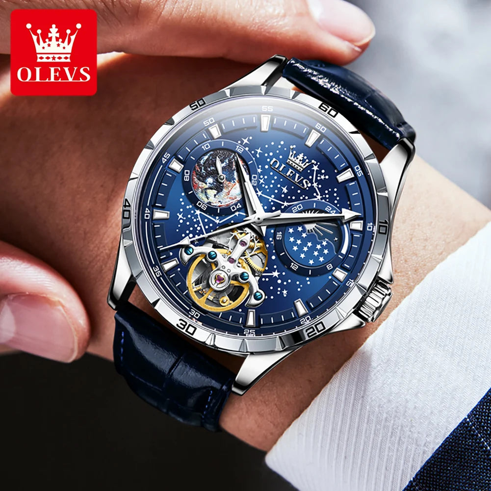 OLEVS Men's Watches Waterproof Multifunctional Luminous Fully Automatic Mechanical Watch Moon Phase Starry Original TOP Brand