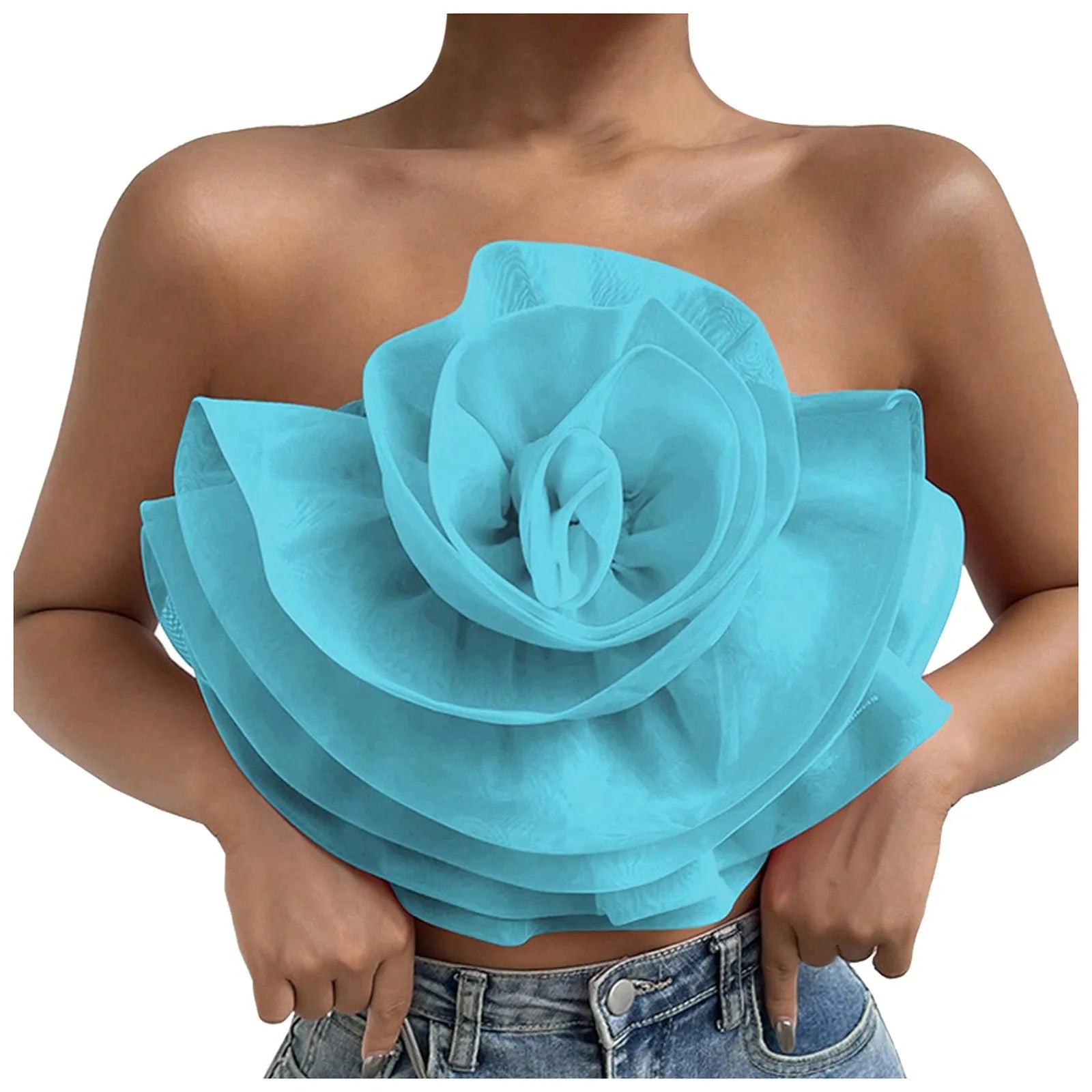 Women's Flower Front Crop Tube Top Sleeveless Strapless Solid Shirred Tops Summer 2024 Chic Trendy Clothes Vest Tank Female Tops