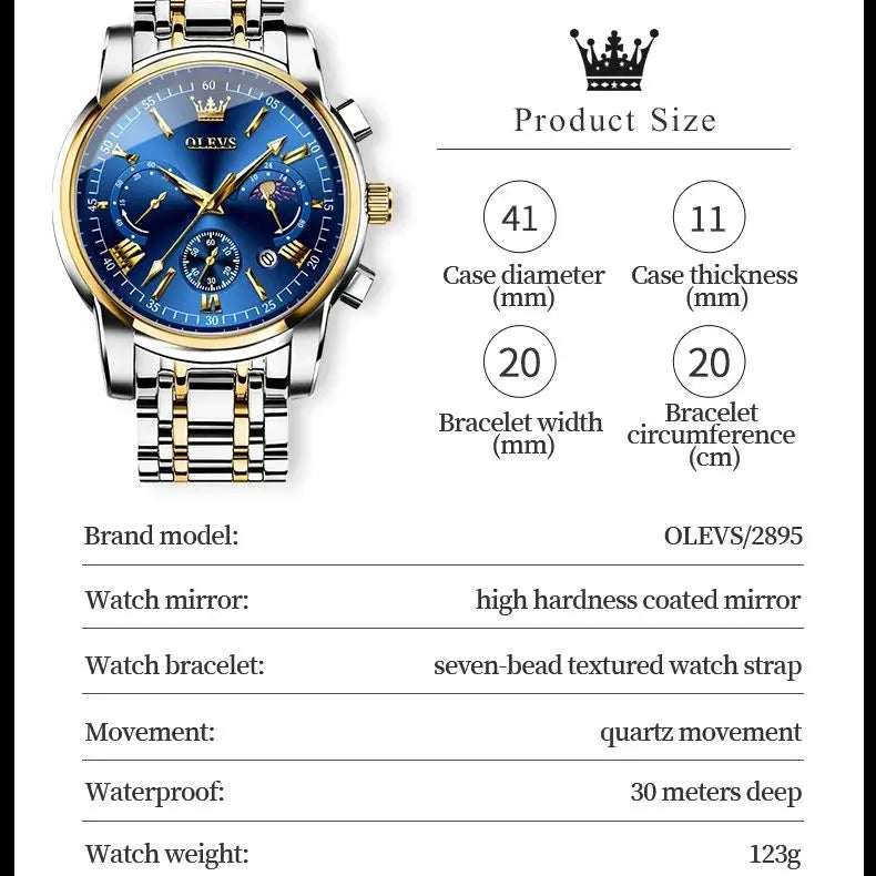 OLEVS 2895 Top Brand Men's Watch Business Multi functional Waterproof Moon Phase Calendar Chronograph Luxury Quartz Men's Watch