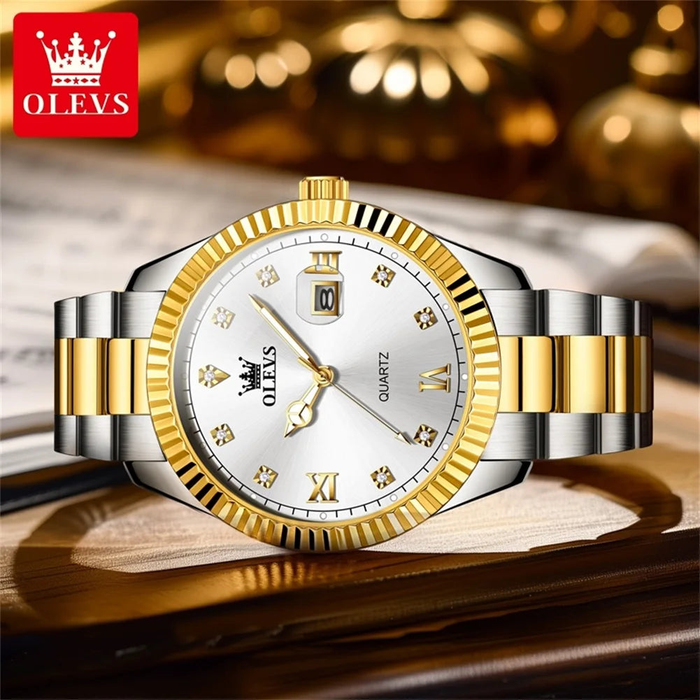 OLEVS 3623 Men's Watches Business Luxury Diamond Roman Scale Waterproof Luminous Stainless steel Gold Wristwatches Man