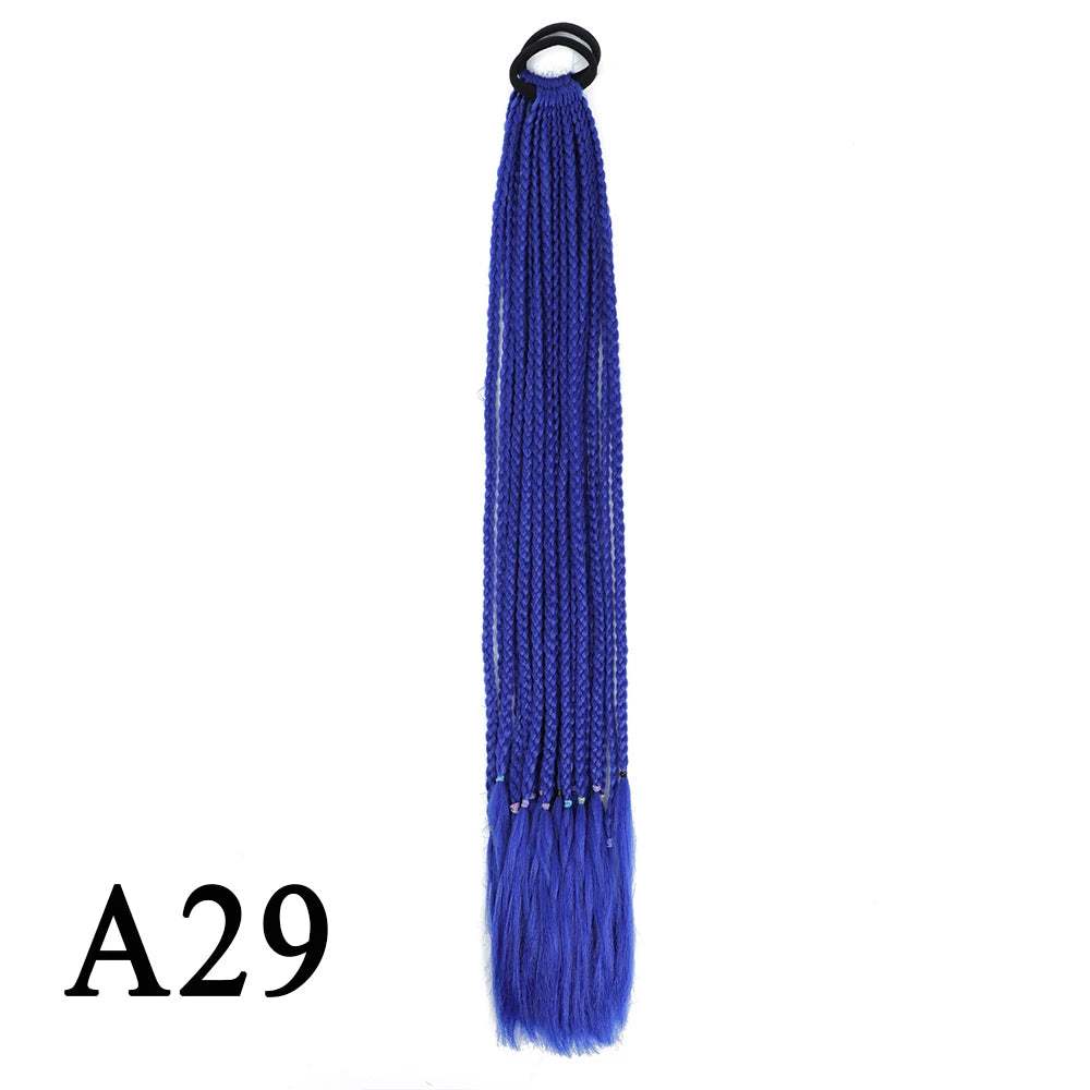 Synthetic 24 Inch Long Colored Box Braids Hair Ponytail With Rubber Bands Rainbow Twist Braided Highlights Ponytail For Women