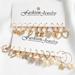 Gold Color Butterfly Love Hoop Earrings Set New Creative Simple Heart Hollow Dangle Earring for Women Fashion Trendy Jewelry