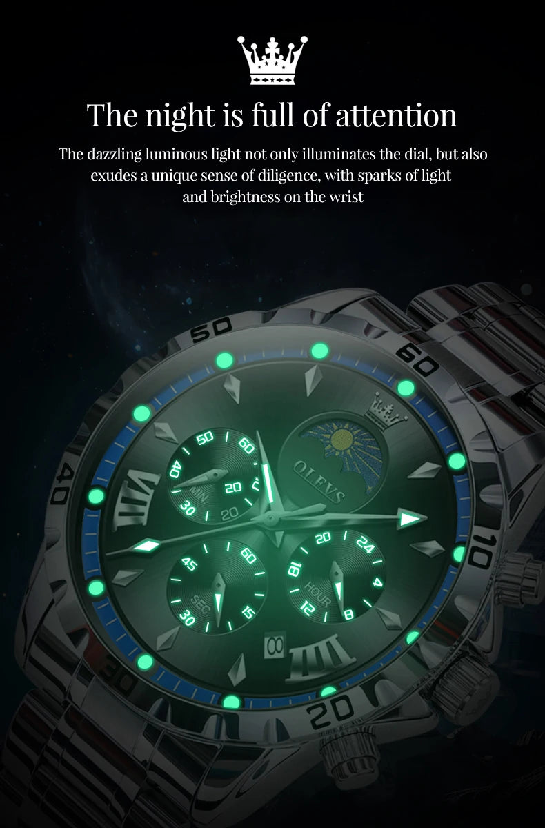 OLEVS Fashion Brand Men's Watch Waterproof and Luminous Calendar Lunar Phase Timing Code Watch Luxury Sports Men's Quartz Watch