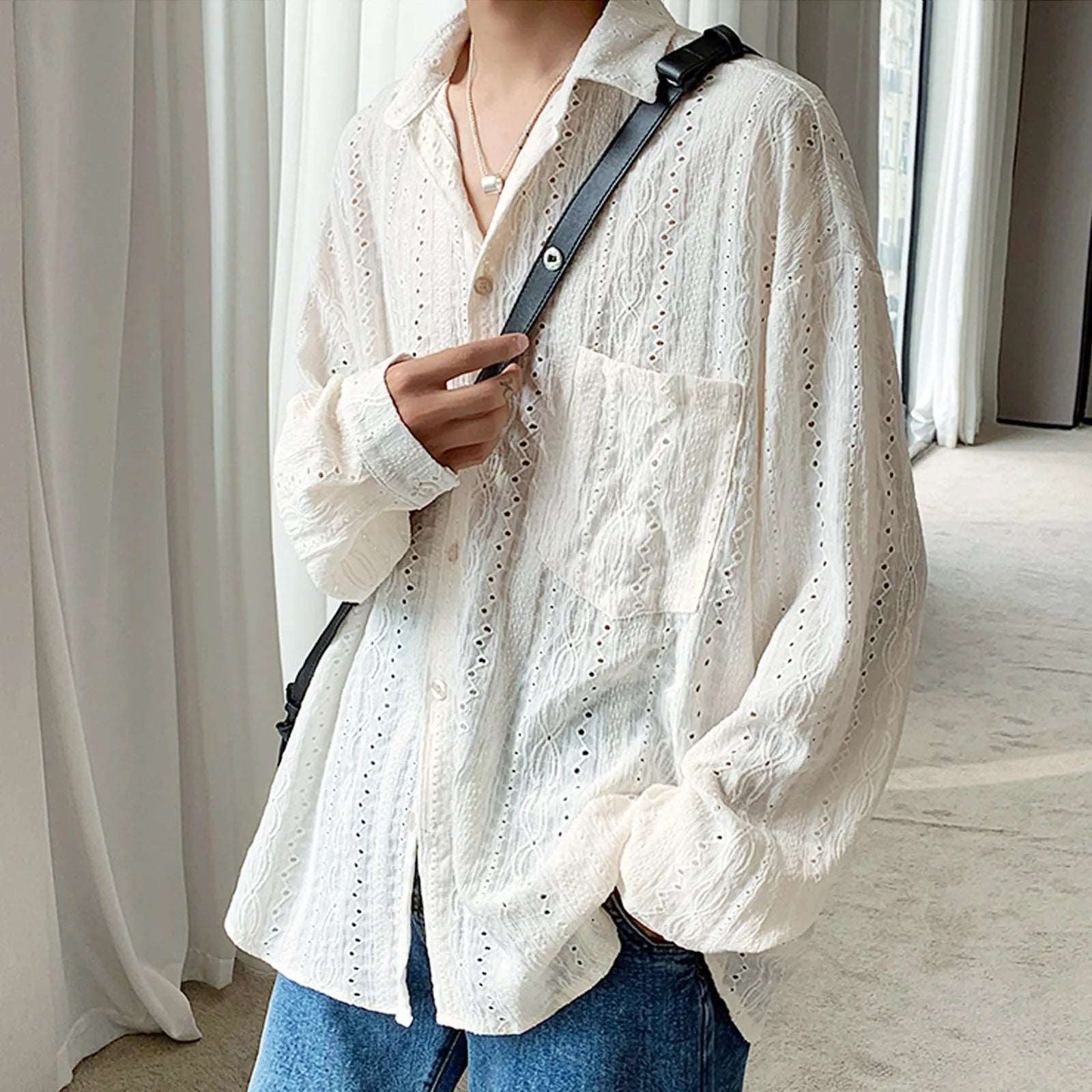 Male Trend Summer Hollow Lapel Shirt Short Sleeve Sexy See Through Shirt Luxury Comfort Brand Male Shirts