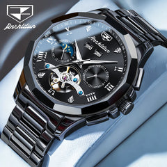 JSDUN Skeleton Flywheel Fully Automatic Mechanical Watch for Men Top Luxury Ceramics Strap Moon Phase Calendar Men's Wristwatch