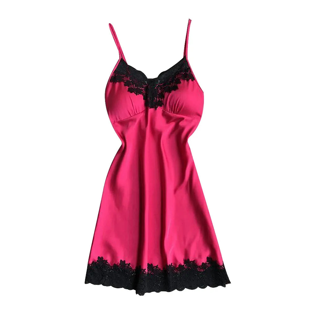 Women's Sexy Lingerie Summer Silk Night Gown Lace Patchwork Mini Night Dress Spaghetti Strap NO Chest Pad Sleepwear For Ladies