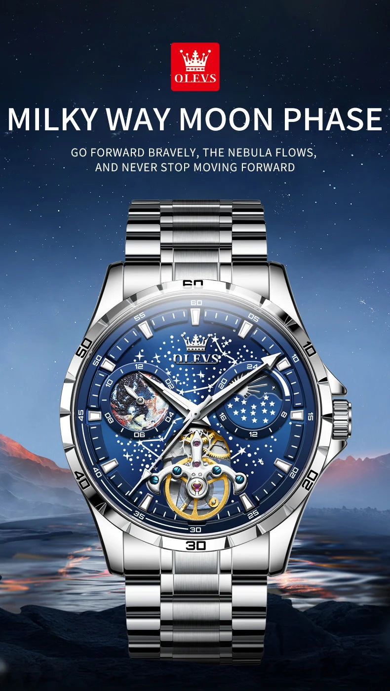 OLEVS Men's Watches Waterproof Multifunctional Luminous Fully Automatic Mechanical Watch Moon Phase Starry Original TOP Brand