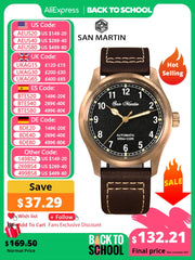 San Martin 37mm Pilot Men Watch YN55 Cusn8 Bronze Vintage Military Simple Style Automatic Mechanical Leather 100M Waterproof