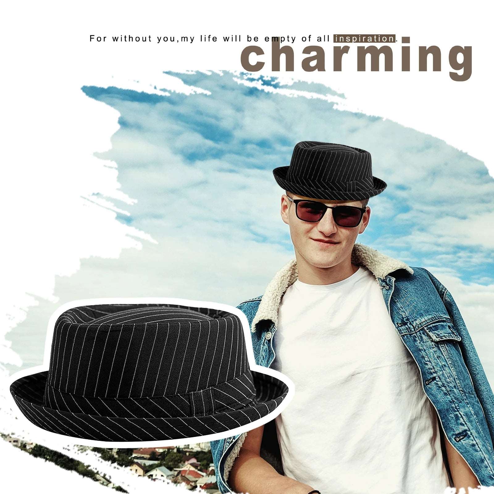 2024 Casual Fashion Men Striped Short Hat Brim Fedoras Classic Neutral Soft Tweed Dress Hat Suitable for Camping and Hiking