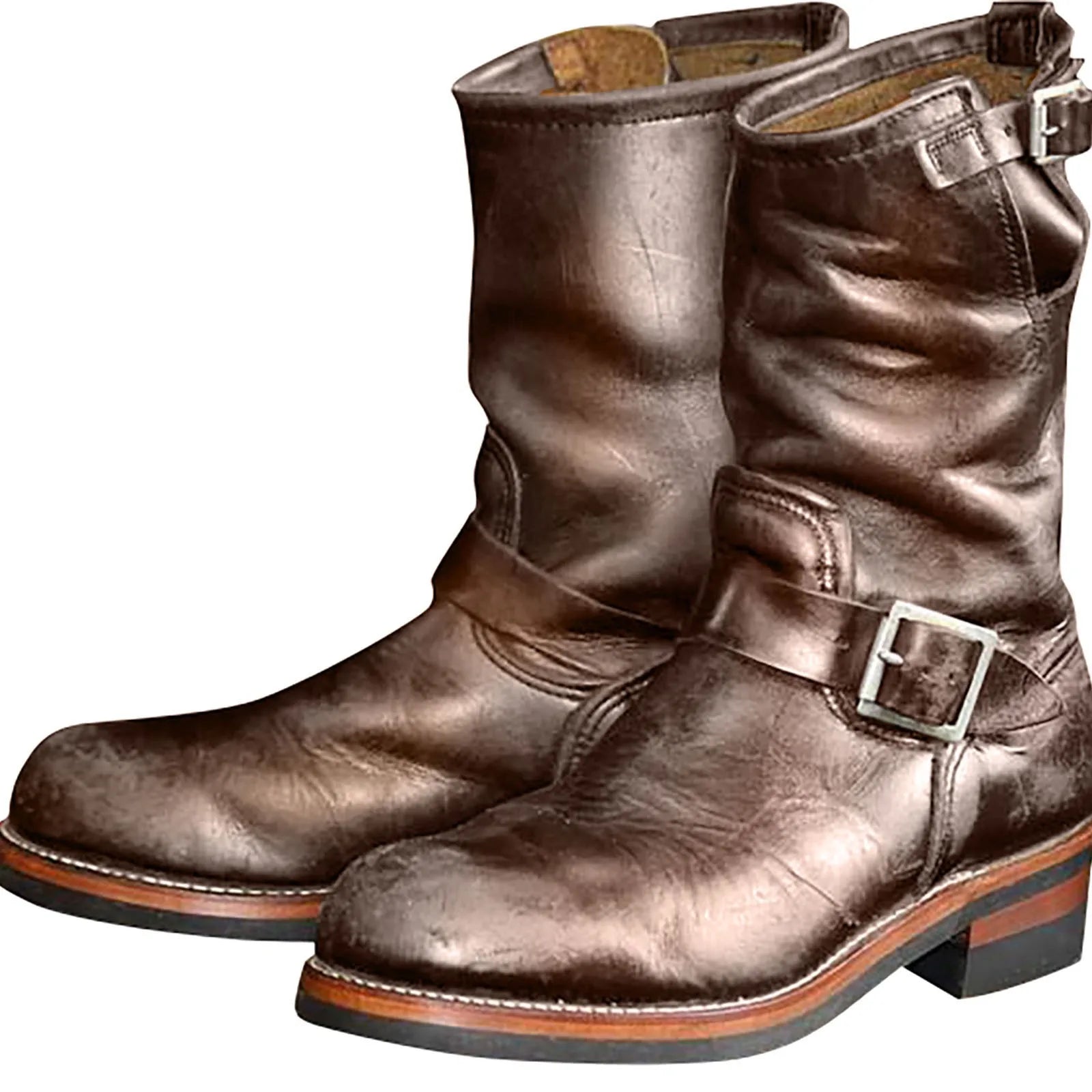 Men Boots Cowboy Rider Boots Belt Buckle Square Heel Mid Calf Winter PU Western Motorcycle Boots Work Safety Shoes