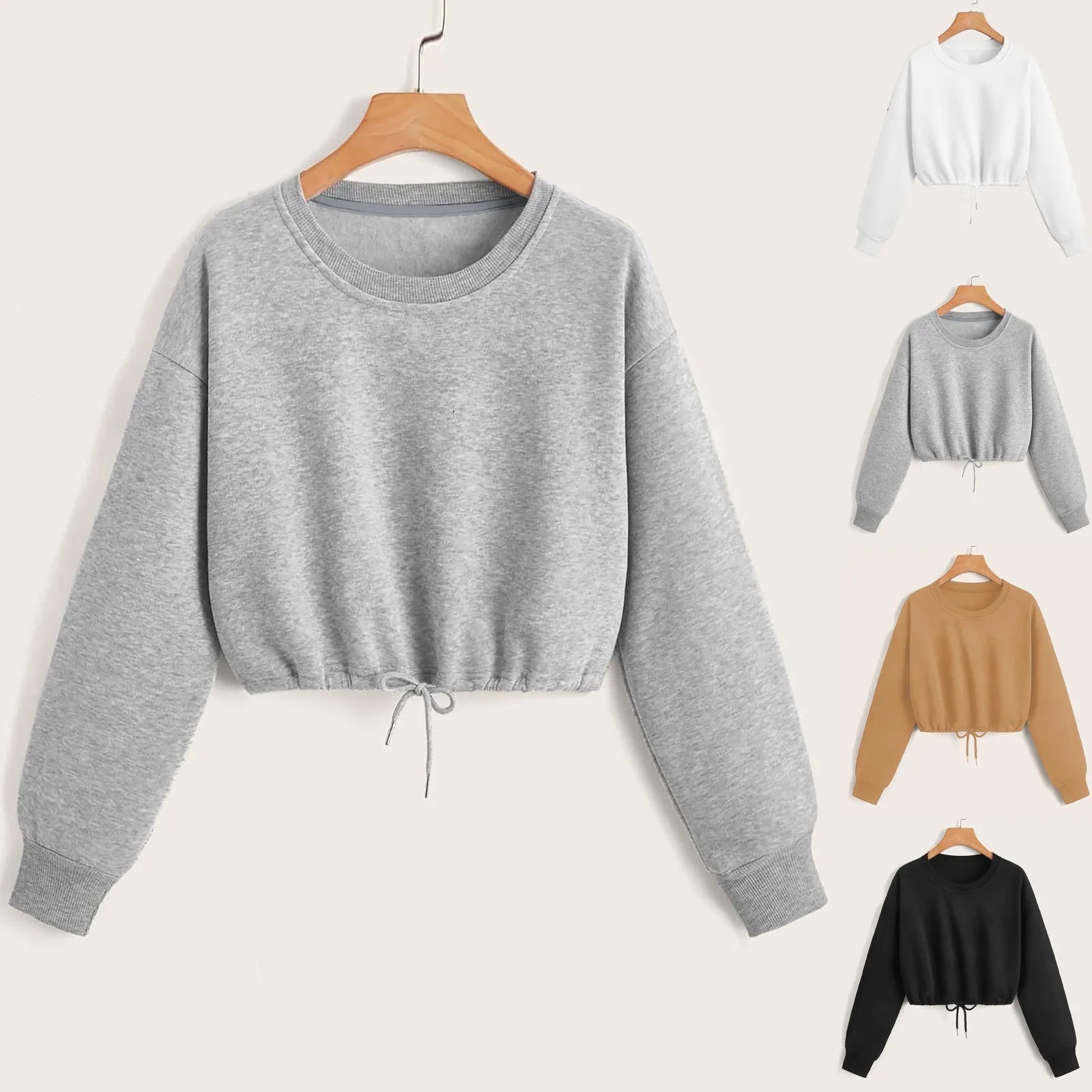 Women Long Sleeve Sweatshirt Fashion Solid Crop Top Soft Daily Loose Drawstring Hem Womens O-Neck Trendy Basic Femme Pullovers