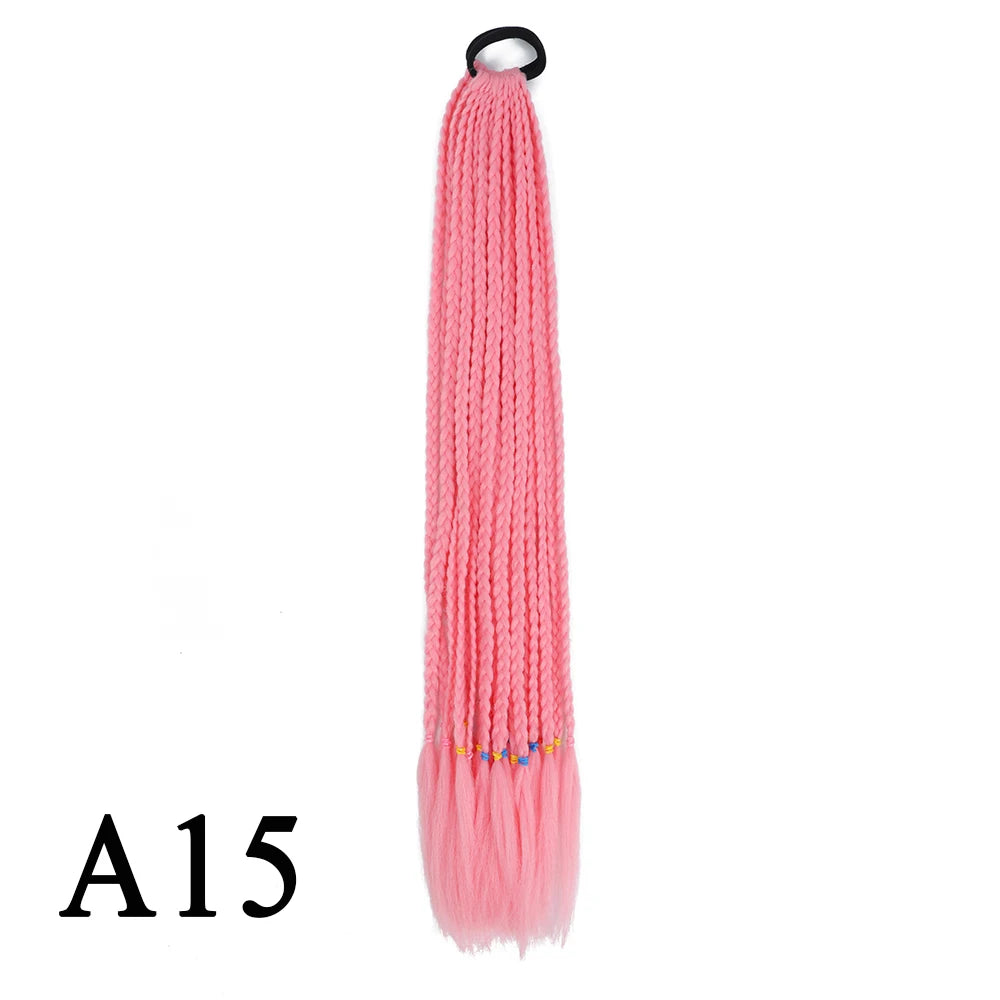 Synthetic 24 Inch Long Colored Box Braids Hair Ponytail With Rubber Bands Rainbow Twist Braided Highlights Ponytail For Women