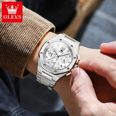 OLEVS Top Brand Men's Watches Stainless Steel Tough Guy Original Quartz Watch for Man Waterproof Luminous Date Chronograph Reloj