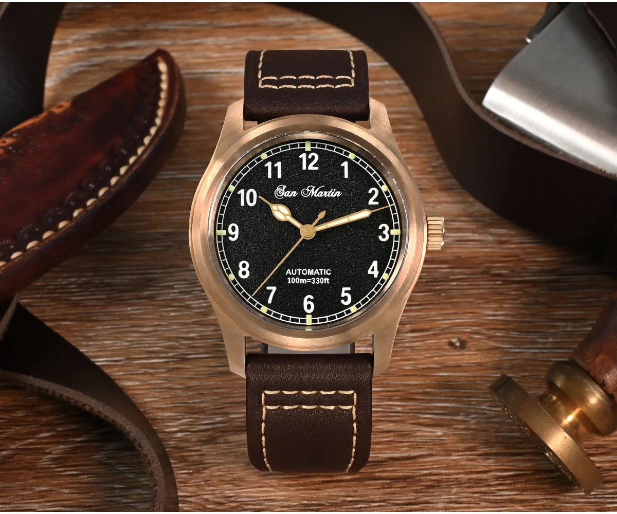 San Martin 37mm Pilot Men Watch YN55 Cusn8 Bronze Vintage Military Simple Style Automatic Mechanical Leather 100M Waterproof