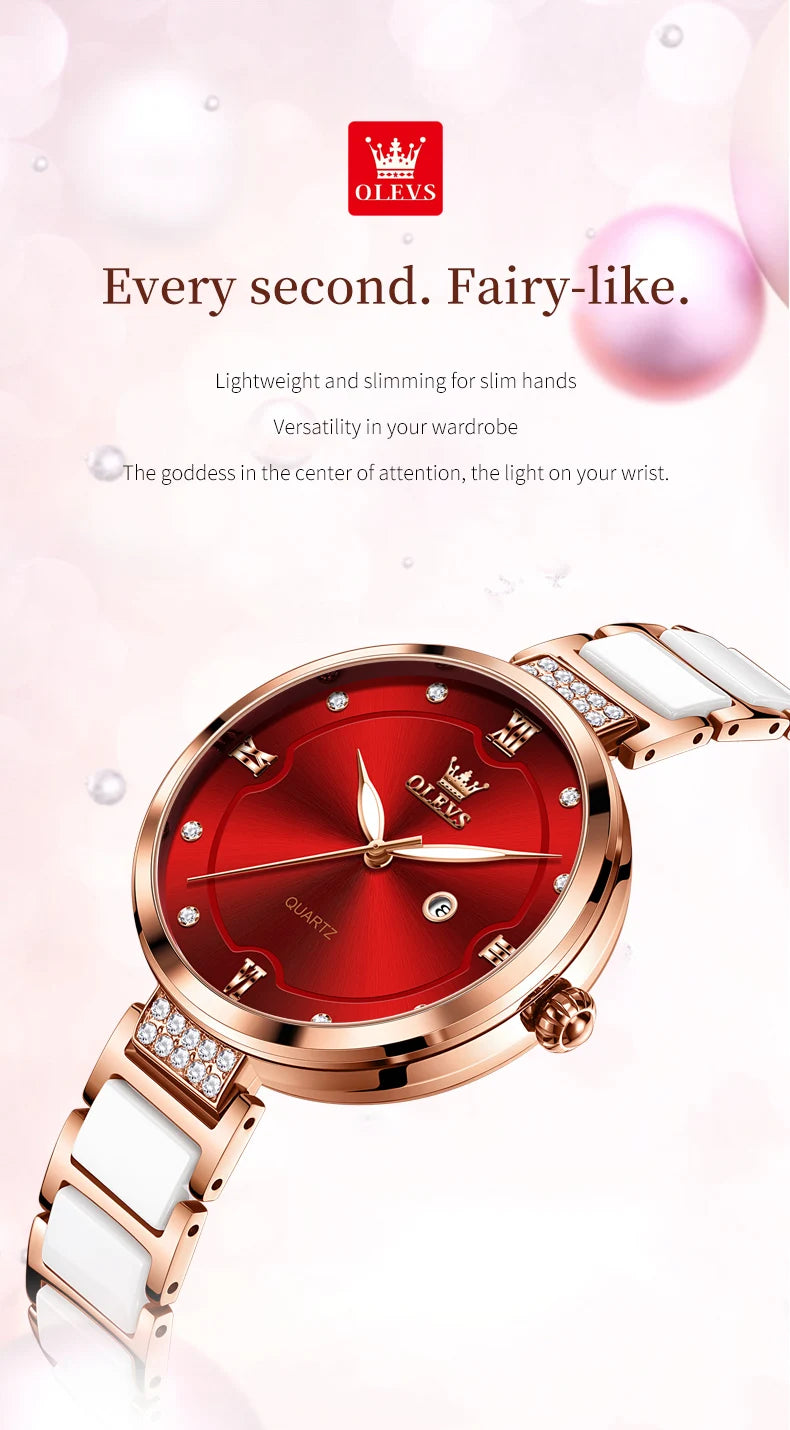 OLEVS Original Watch for Women Ceramic Stainless steel Strap Luxury Brand Elegant Ladies Watch Women's Bracelet Wristwatch Set