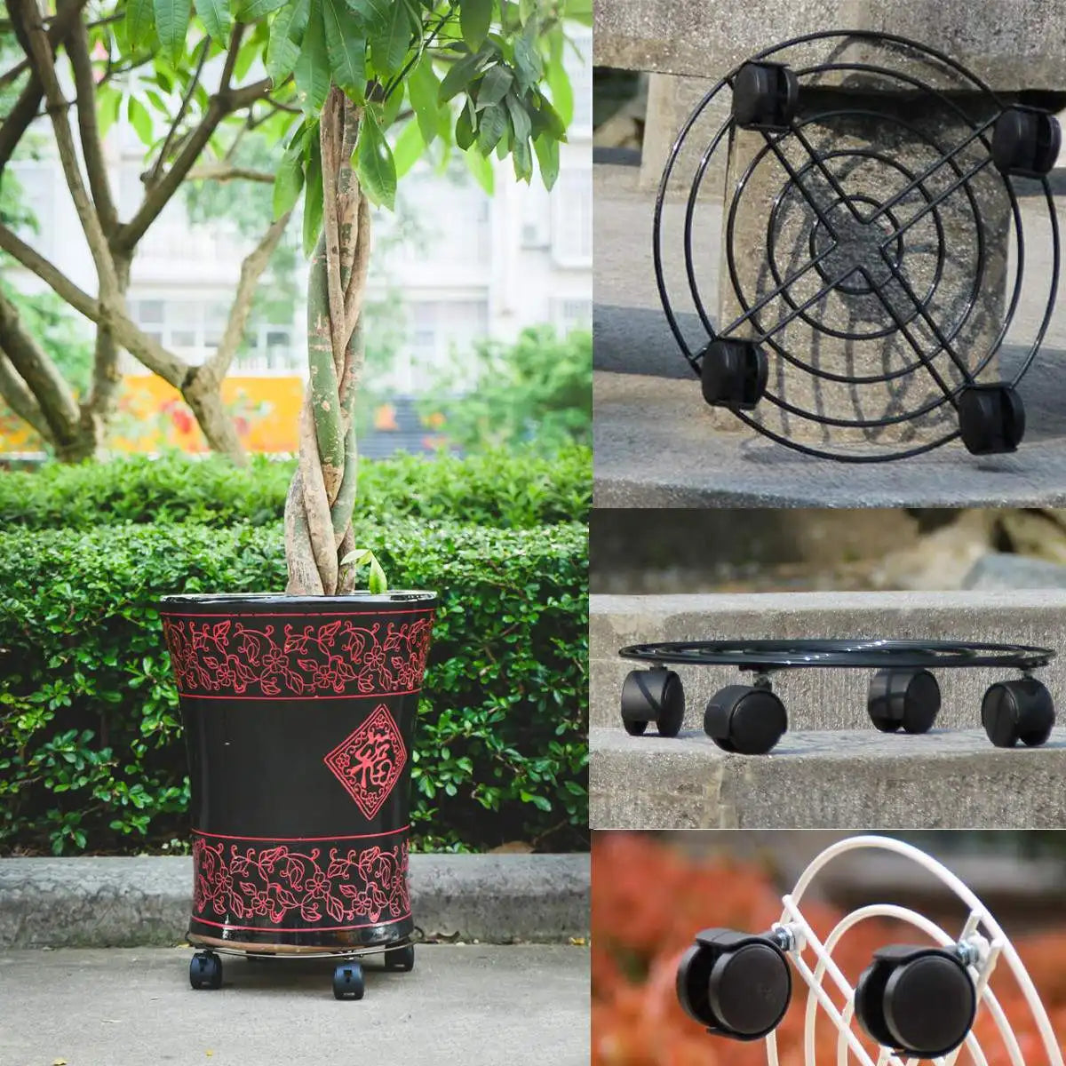 Black 4 Sizes Metal Round Flower Plant Pot Tray 4 Wheels Heavy Planter Flowers Pot Mover Trolley Plate Stand Holder Garden Tools