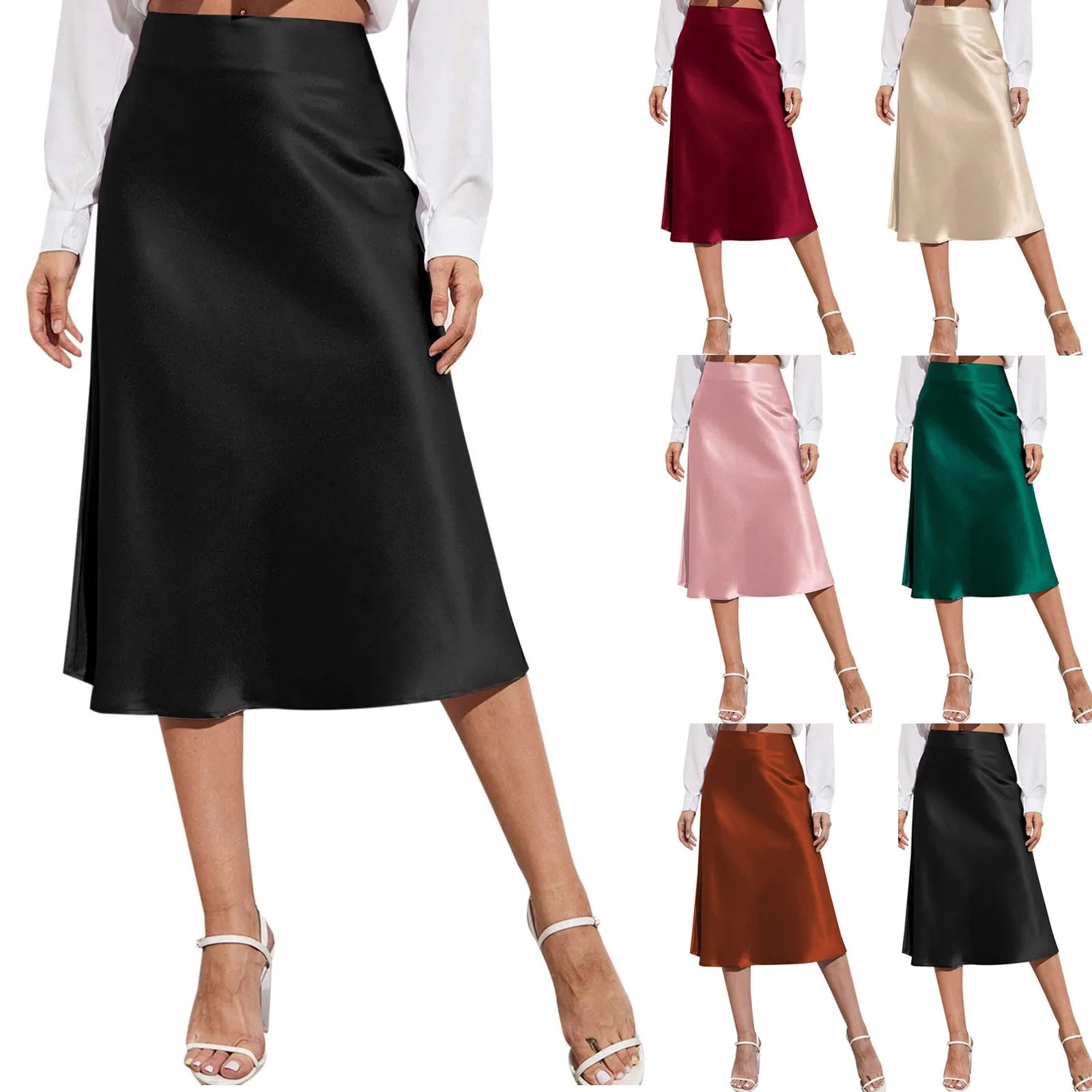 Men's Skirt Womens High Waist Midi Skirt Solid Satin Dress Zipper Elegant Summer Skirts Skirt Dot