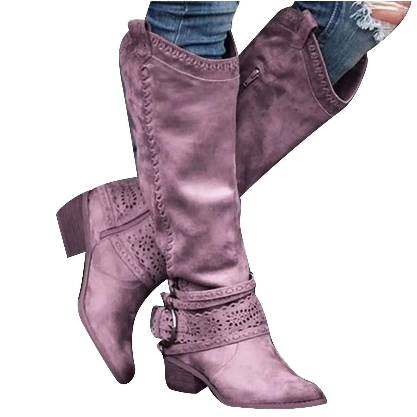 2023 New Western Cowboy Boots Buckle Ladies Low Heel Knee High Boots Retro Hollow Out Shoes Winter Female Shoes