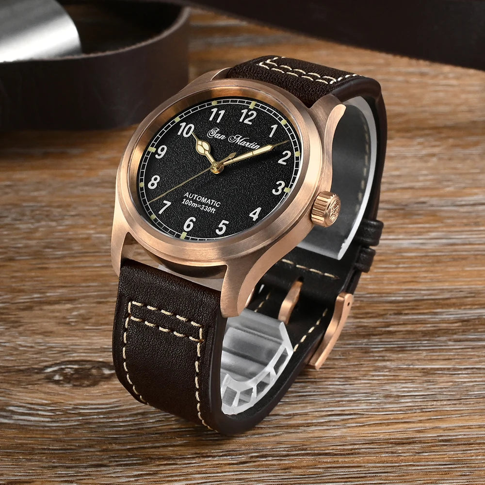 San Martin 37mm Pilot Men Watch YN55 Cusn8 Bronze Vintage Military Simple Style Automatic Mechanical Leather 100M Waterproof