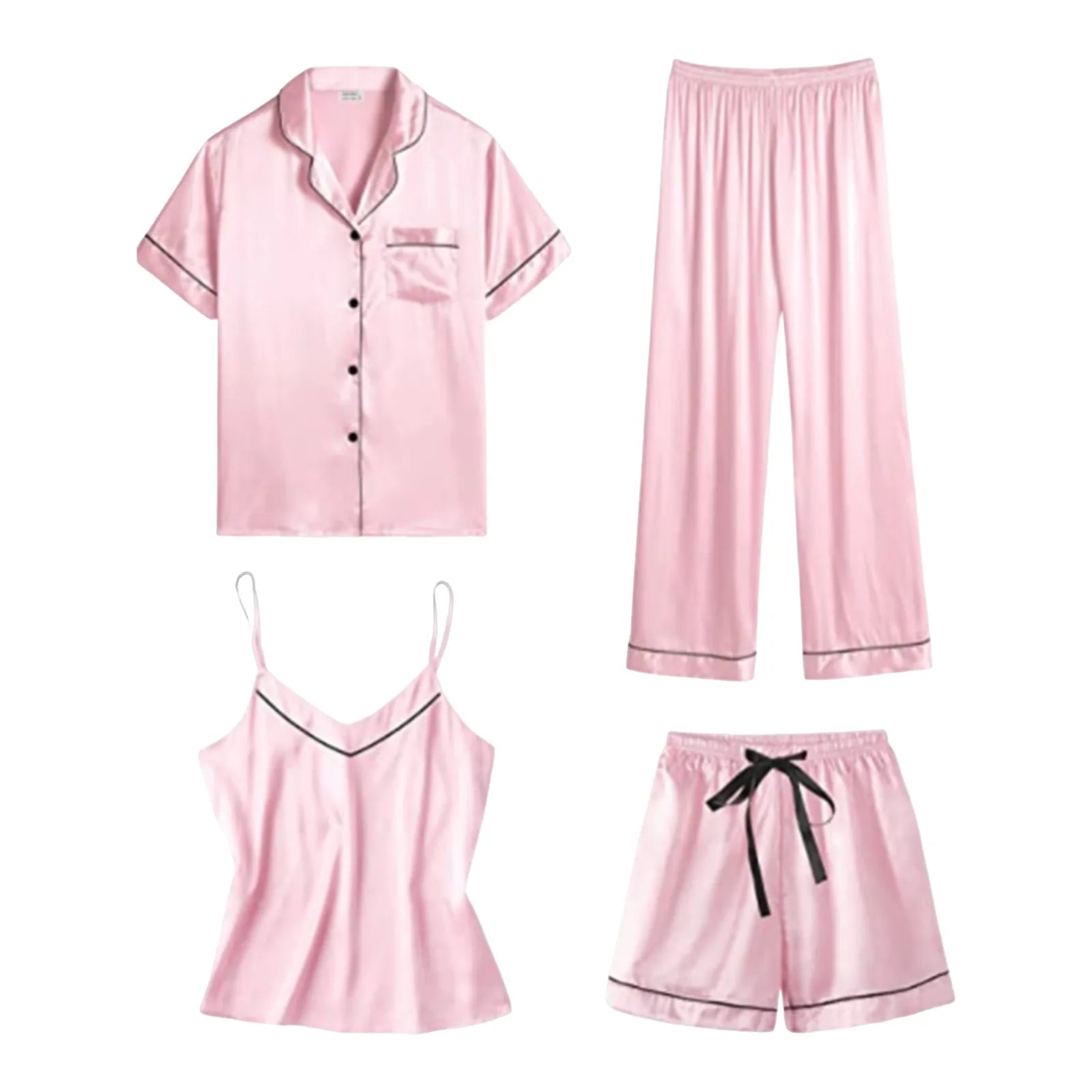 4 pcs Pajama Set Women Satin Silk Sleepwear Pyjamas Summer Nightwear Lapel Shirt With Pants Home Wear Camis Tops Shorts Pijama