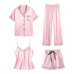 4 pcs Pajama Set Women Satin Silk Sleepwear Pyjamas Summer Nightwear Lapel Shirt With Pants Home Wear Camis Tops Shorts Pijama