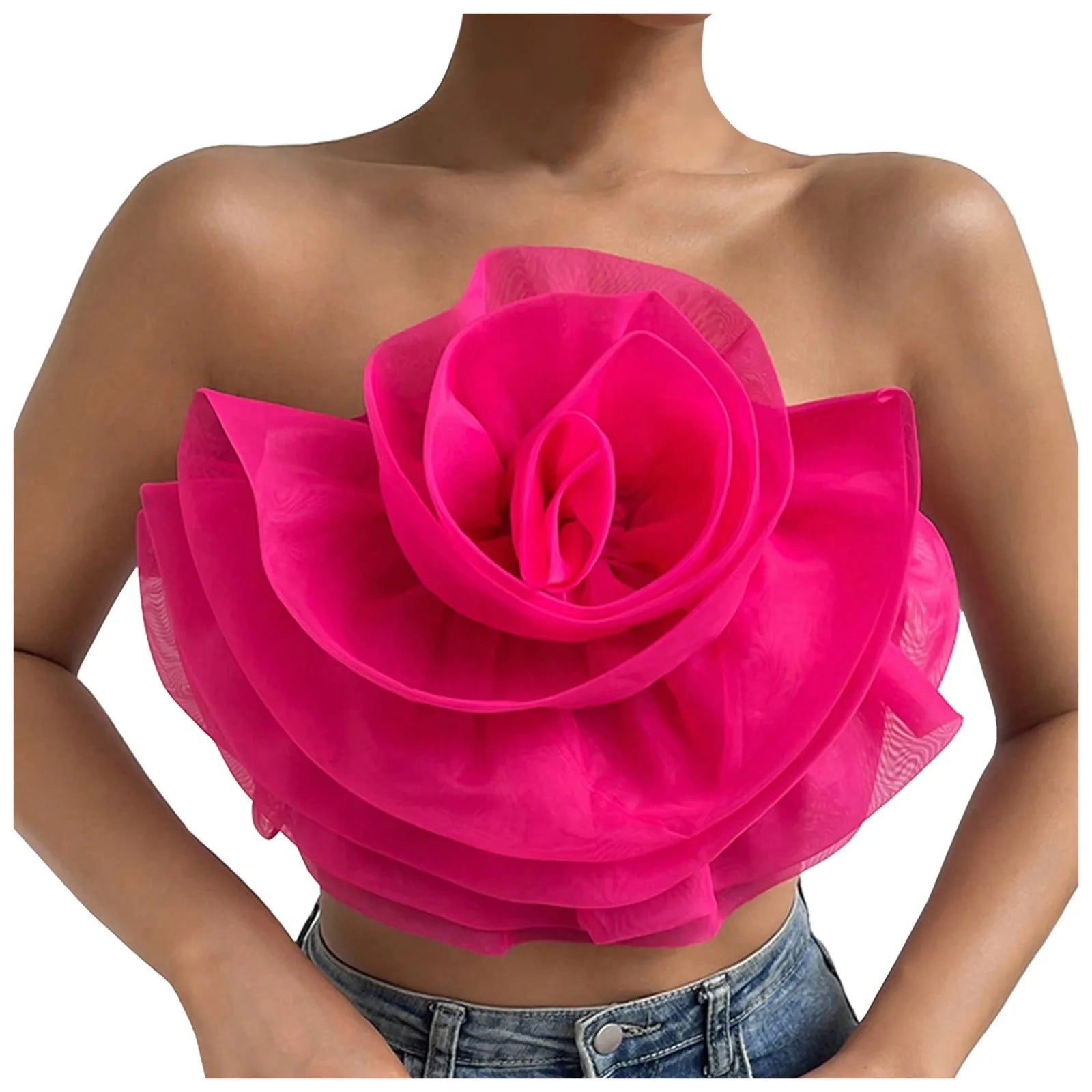 Women's Flower Front Crop Tube Top Sleeveless Strapless Solid Shirred Tops Summer 2024 Chic Trendy Clothes Vest Tank Female Tops