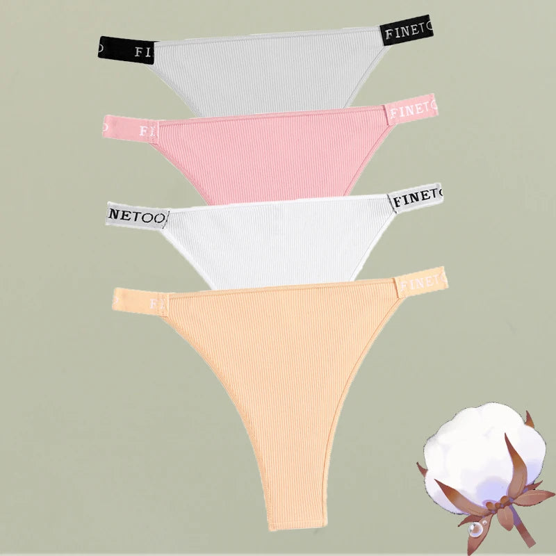 FINETOO 4Pcs/Set Cotton Letter Belt Underwear Women's Panties Sexy Low-Waist Bikini Underpants Female Breathable Briefs Lingerie
