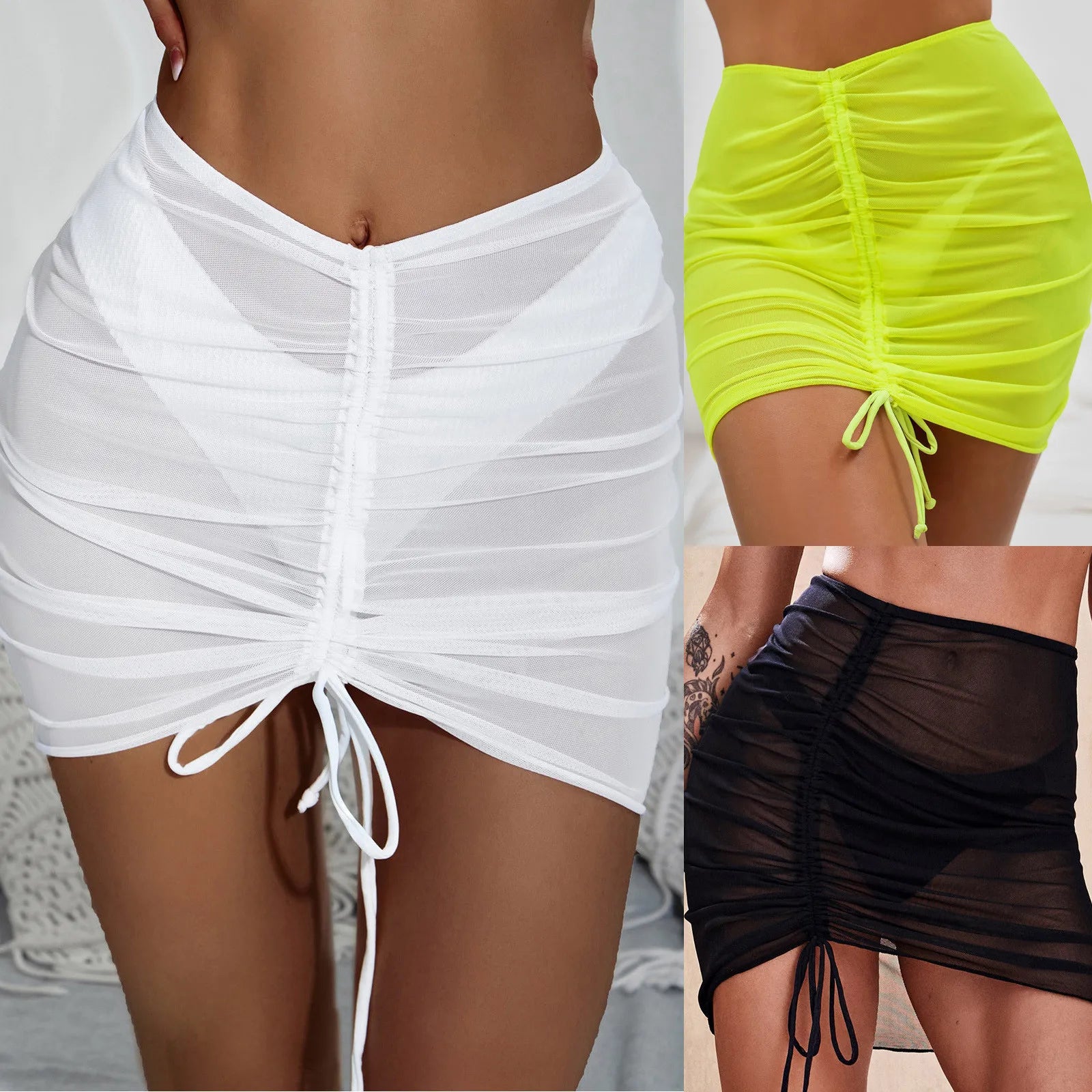 Women Mesh Cover Up Sheer Skirt Swimsuit Women Beach Wrap Bikini For Swimwear Mesh Drawstring Cover Up Skirt Faldas купальники