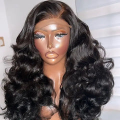 Natural Black Glueless Loose Wave Transparent Lace Front Women Wigs Baby Hair 180Density Synthetic Hair Natural Hairline